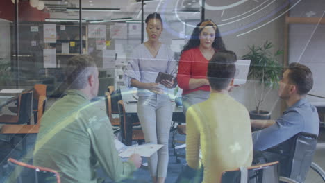 business team members presenting in glass office, showing animated charts and sticky note icons