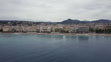 Tropical-French-Riviera-Coastline-in-Nice,-France---Aerial-Drone-with-Copy-Space