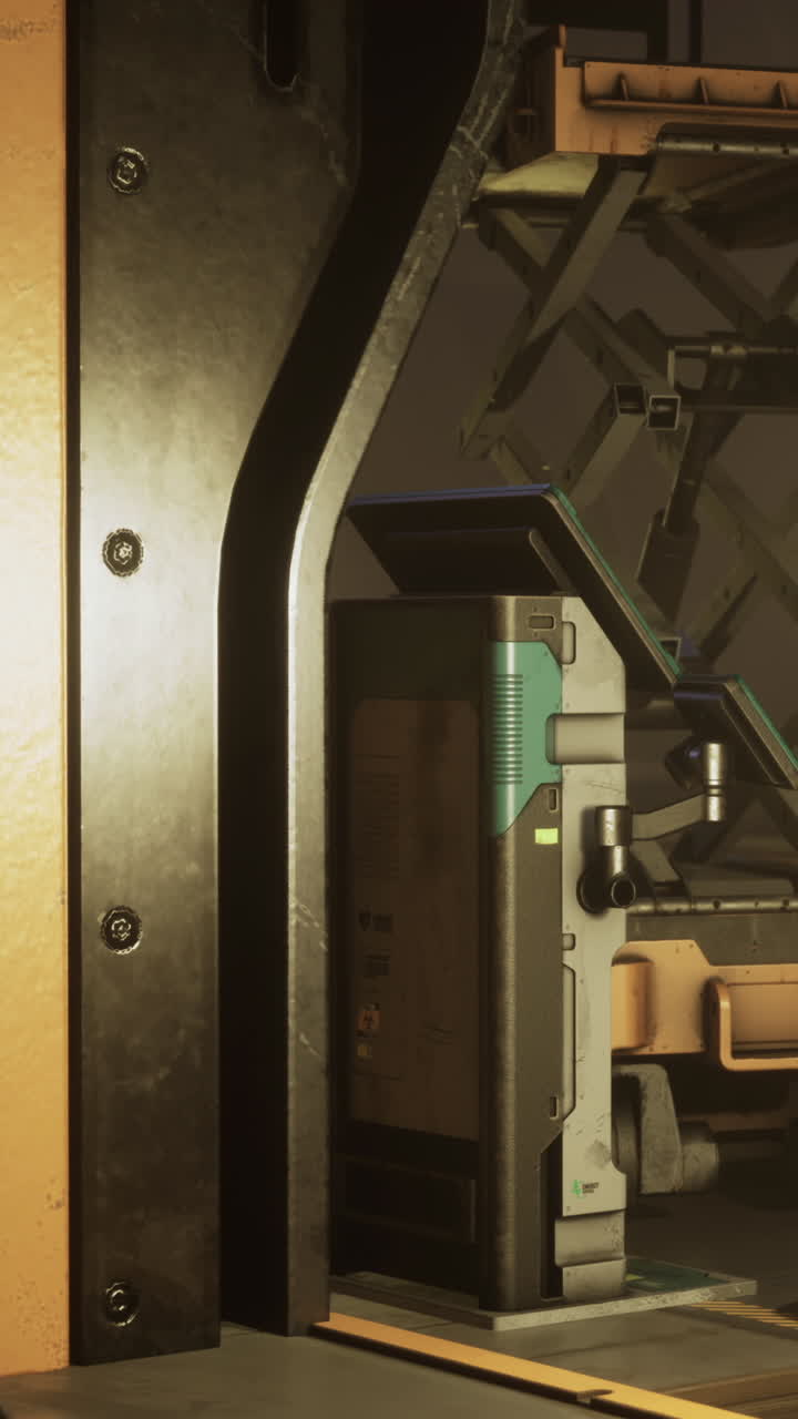 Una macchina in primo piano in un ambiente spaziale futuristico, con dettagli visibili.