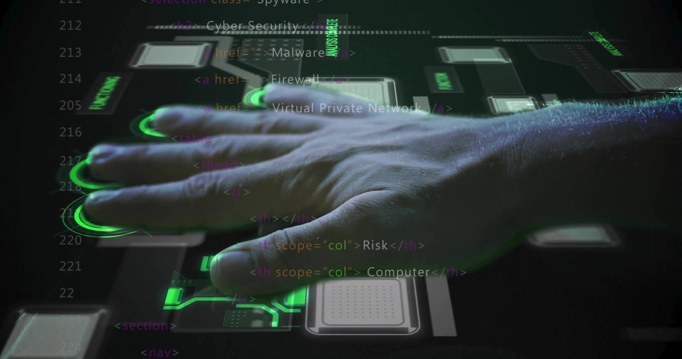 IT specialist tapping security tags on code overlay, activating hologram nodes highlighting modules