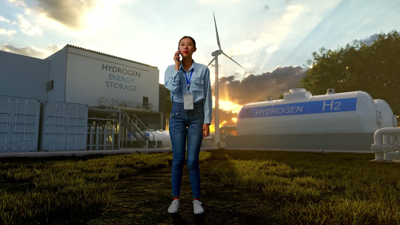Donna in un impianto di stoccaggio di energia a idrogeno