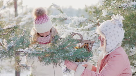 Ein-Kleines-Mädchen-Und-Eine-Junge-Mutter-Schmücken-Einen-Weihnachtsbaum-Mit-Dekorativen-Kugeln-Im-Schnee