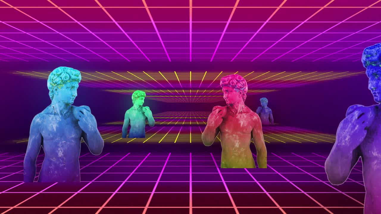 보라색 배경에 그리드 위로 이동하는 오류와 함께 고대 조각 부스트의 애니메이션