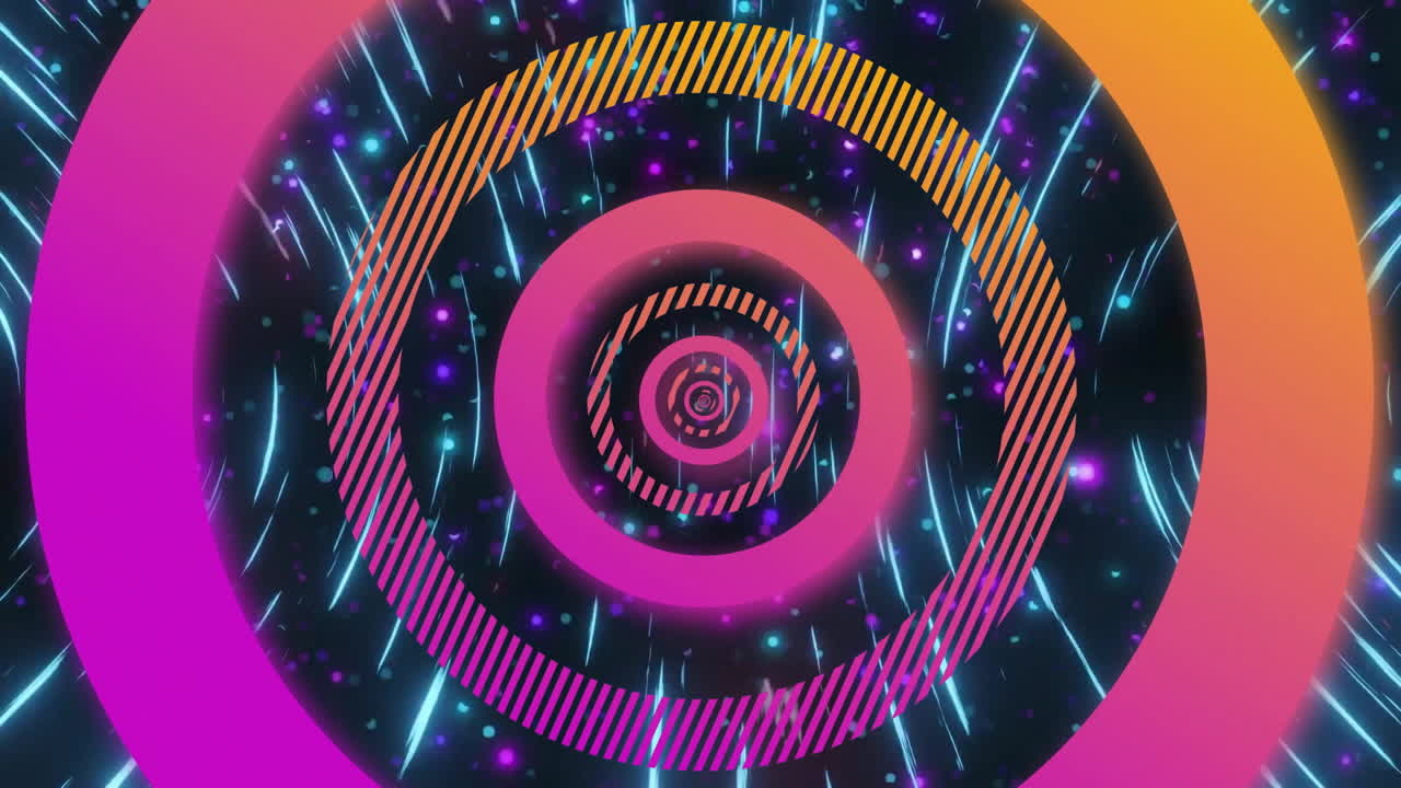 animación de anillos de carga de datos concéntricos rosados y naranjas que se procesan sobre luces giratorias