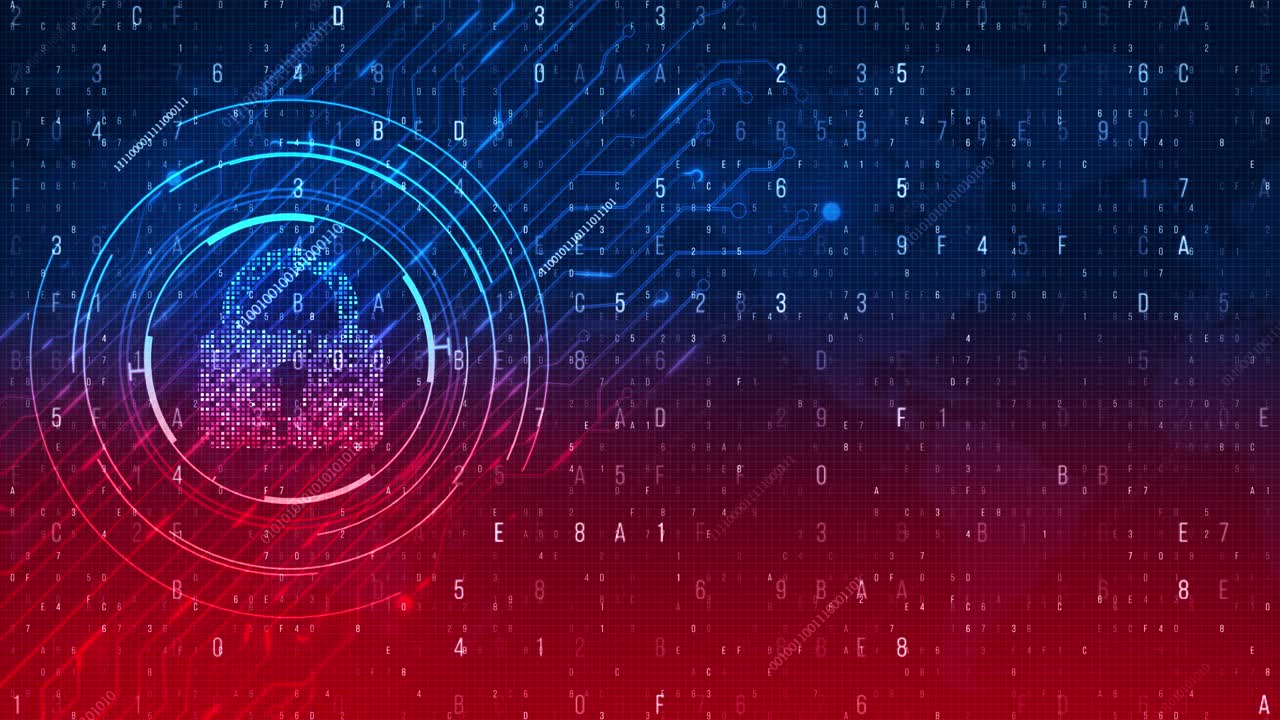 Closed padlock on digital cyber safety concept background lock icon security of digital data network