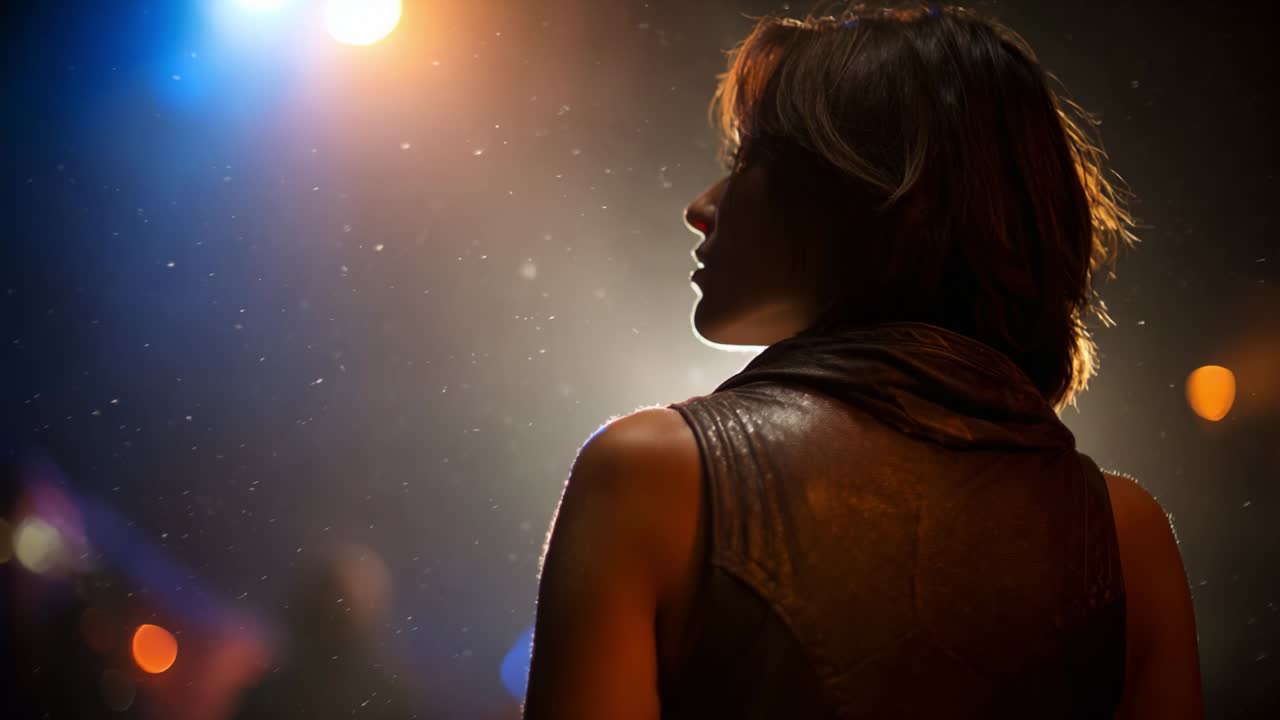 A Captivating Transformative Moment Captured in Shadows and Light: The Powerful Presence of a Woman Standing Alone Against a Dramatic Background, Exuding Strength and Mystery in an Enigmatic Atmosphere