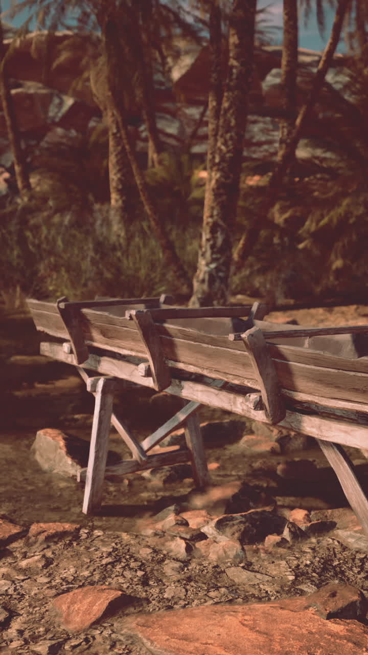 un barco de madera en un oasis del desierto