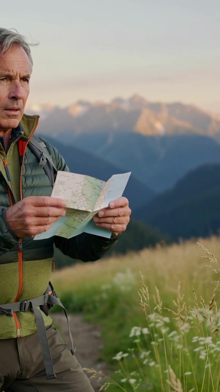 Vertical video: Studying map, hiker in green coat on field trail scanning peaks