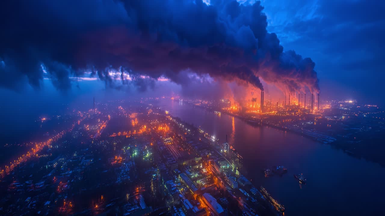 Aerial View of a Cityscape Drenched in Industrial Activity and Pollution, with Billowing Smoke and Vibrant Lights on the Water During Twilight Hours