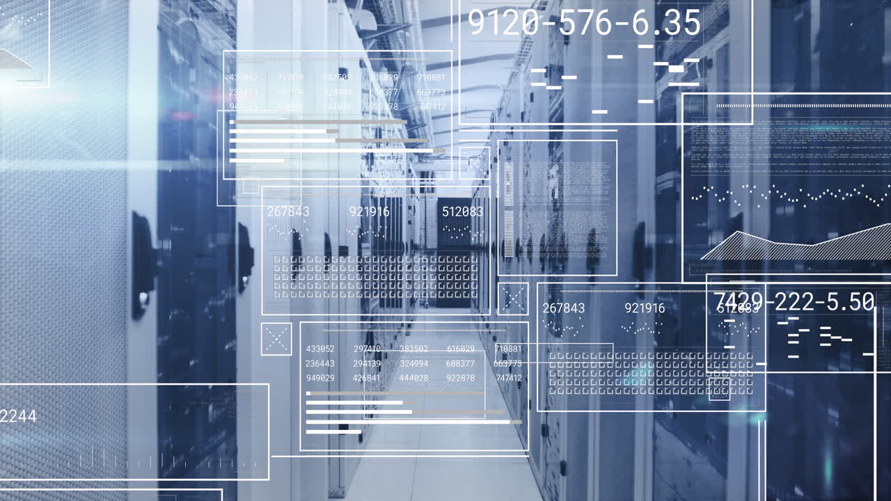 Animation of interfaces with data processing and mosaic squares against computer server room