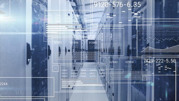 Animation of interfaces with data processing and mosaic squares against computer server room