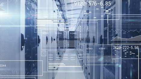 animación de interfaces con procesamiento de datos y cuadrados de mosaico contra la sala de servidores de computadoras