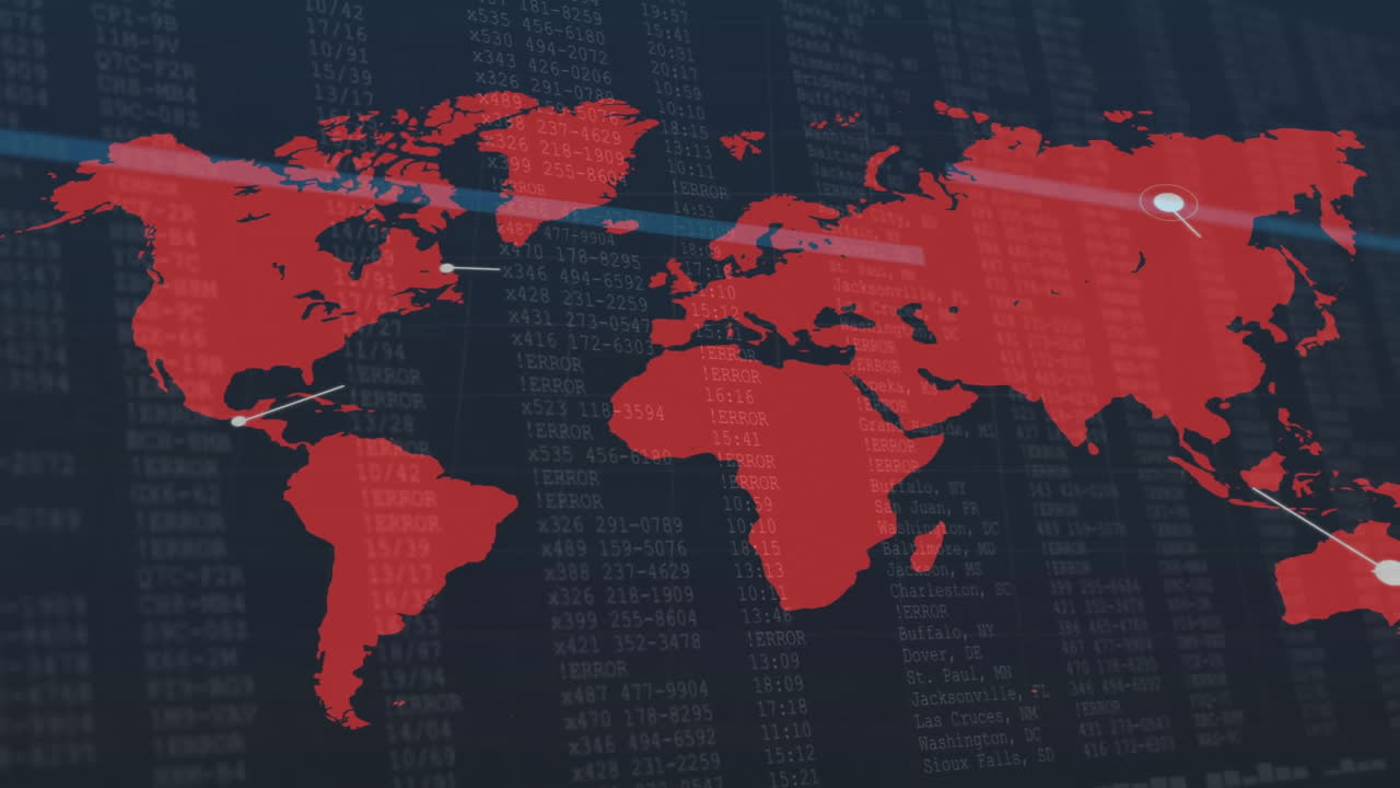 Overlaying data points on financial background, animation of red world map
