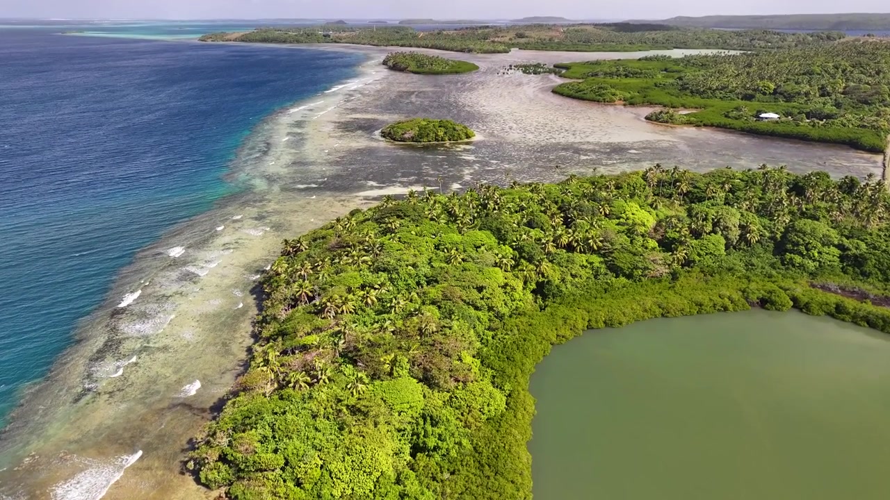 Barriera corallina tropicale e laguna circondata dalla vegetazione sulla costa dell'isola di Vava'u. Paesaggio aereo con drone, Pacifico, Oceania
