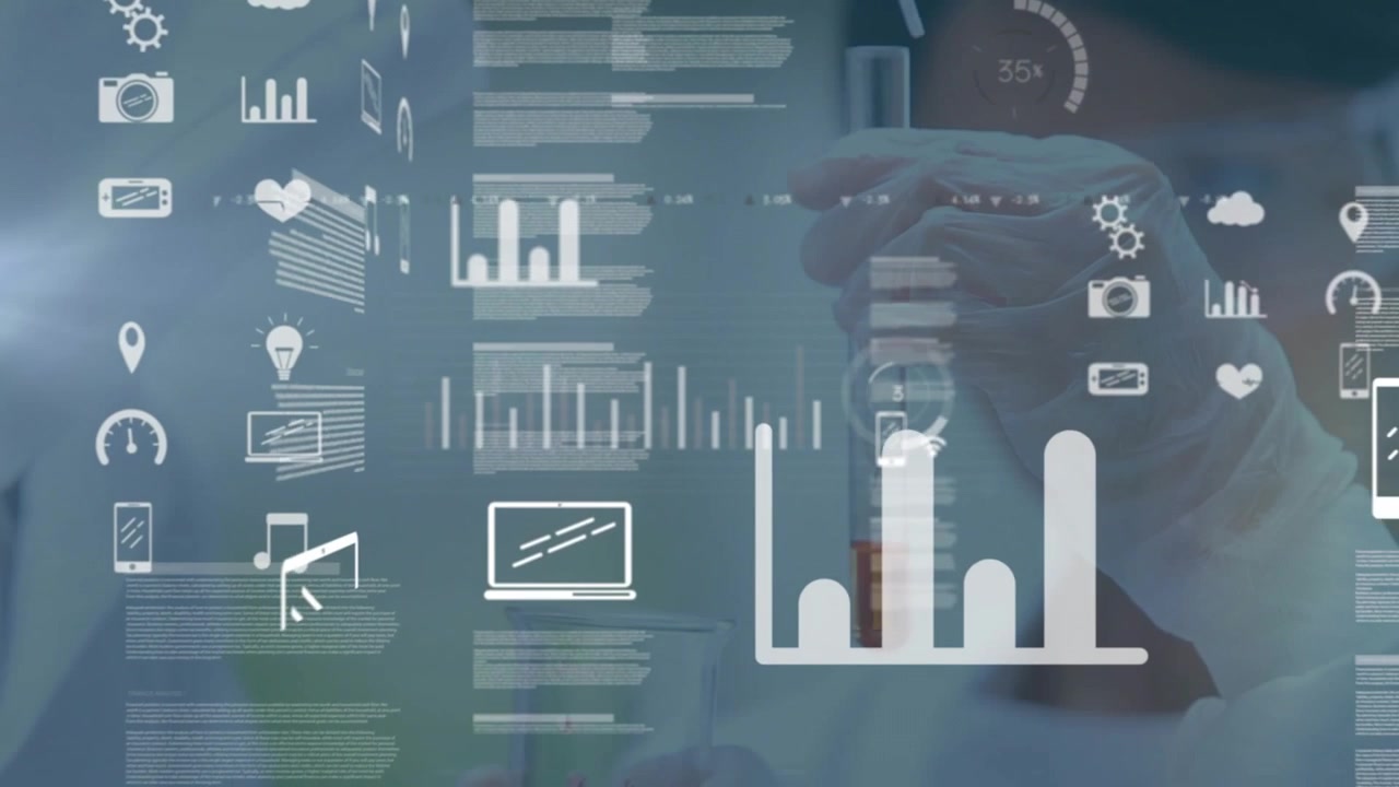Gloved hand lifting test tube in lab, initiating animated HUD rings, graphs updating for health
