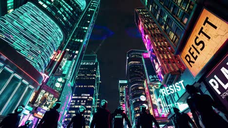 night protest in a futuristic cityscape