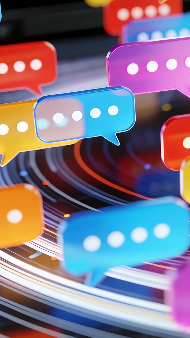 Video verticale: Bolle di chat fluttuanti che reagiscono ai messaggi in arrivo nell'interfaccia utente, con anelli e punti