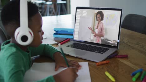 Afroamerikanischer-Junge-Macht-Hausaufgaben,-Während-Er-Zu-Hause-Einen-Videoanruf-Mit-Einer-Lehrerin-Auf-Dem-Laptop-Führt