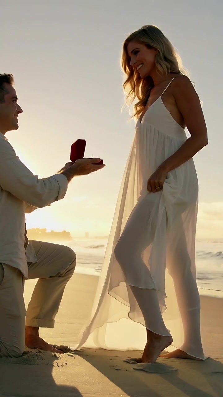 Vertical video: Kneeling man proposing red ring box at sunset beach woman in white dress saying yes