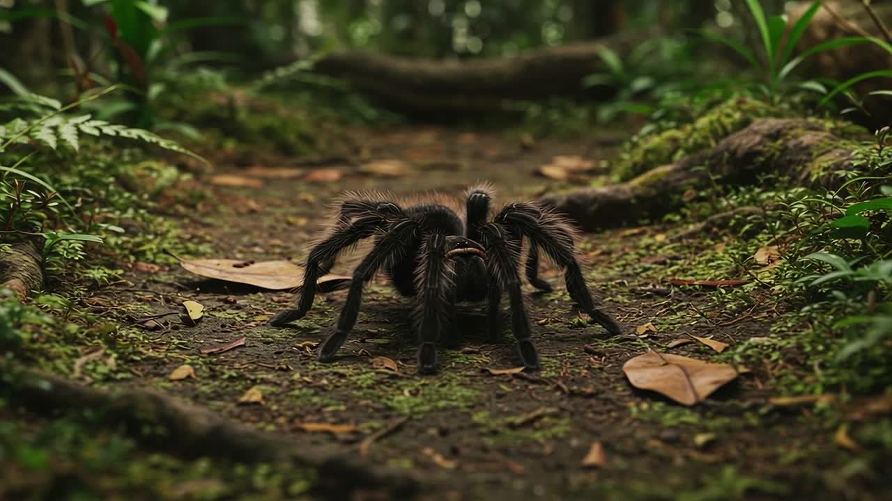 A Majestic Tarantula Glides Through a Lush Forest Path, Showcasing Its Eerie Beauty and Intriguing Movement in a Richly Detailed Natural Habitat