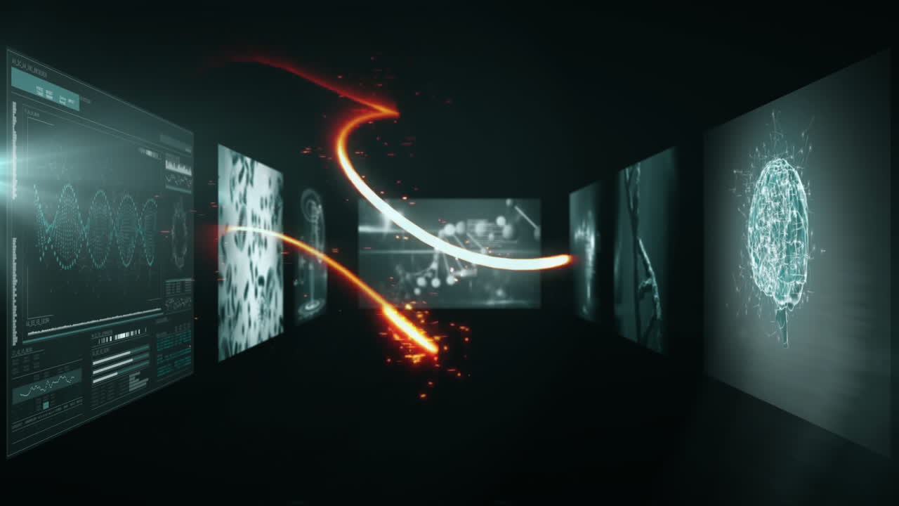 Animation of glowing red lines swirling over digital screens with DNA visuals