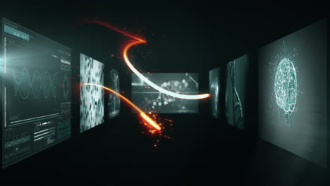 animation of glowing red lines swirling over digital screens with dna visuals