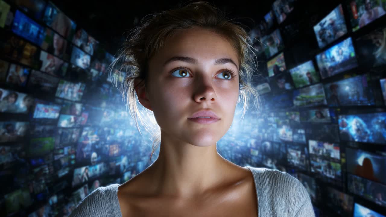 A Young Woman in a Contemplative State Surrounded by a Multitude of Digital Screens Displaying Various Images and Videos, Reflects on the Overwhelming Nature of Information in a Modern Digital Landscape