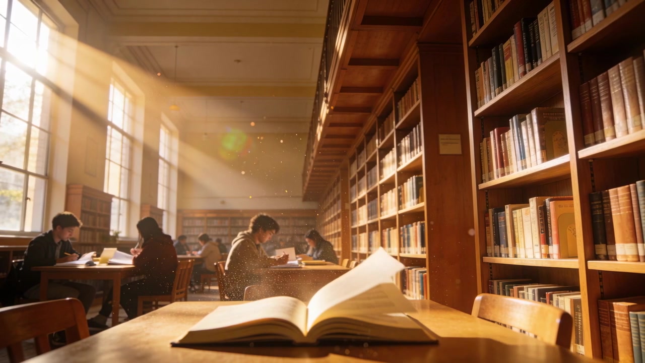 Studente con maglione che si allunga per girare la pagina di un libro aperto sulla scrivania della biblioteca per controllare gli appunti, con la luce del sole che inonda la scena