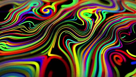 el flujo de partículas forma líneas rizadas como rastros de brillo de diferentes colores, las líneas forman un patrón giratorio como ruido de rizado. abstracto 3d bucle de flujo de animación como fondo festivo creativo brillante