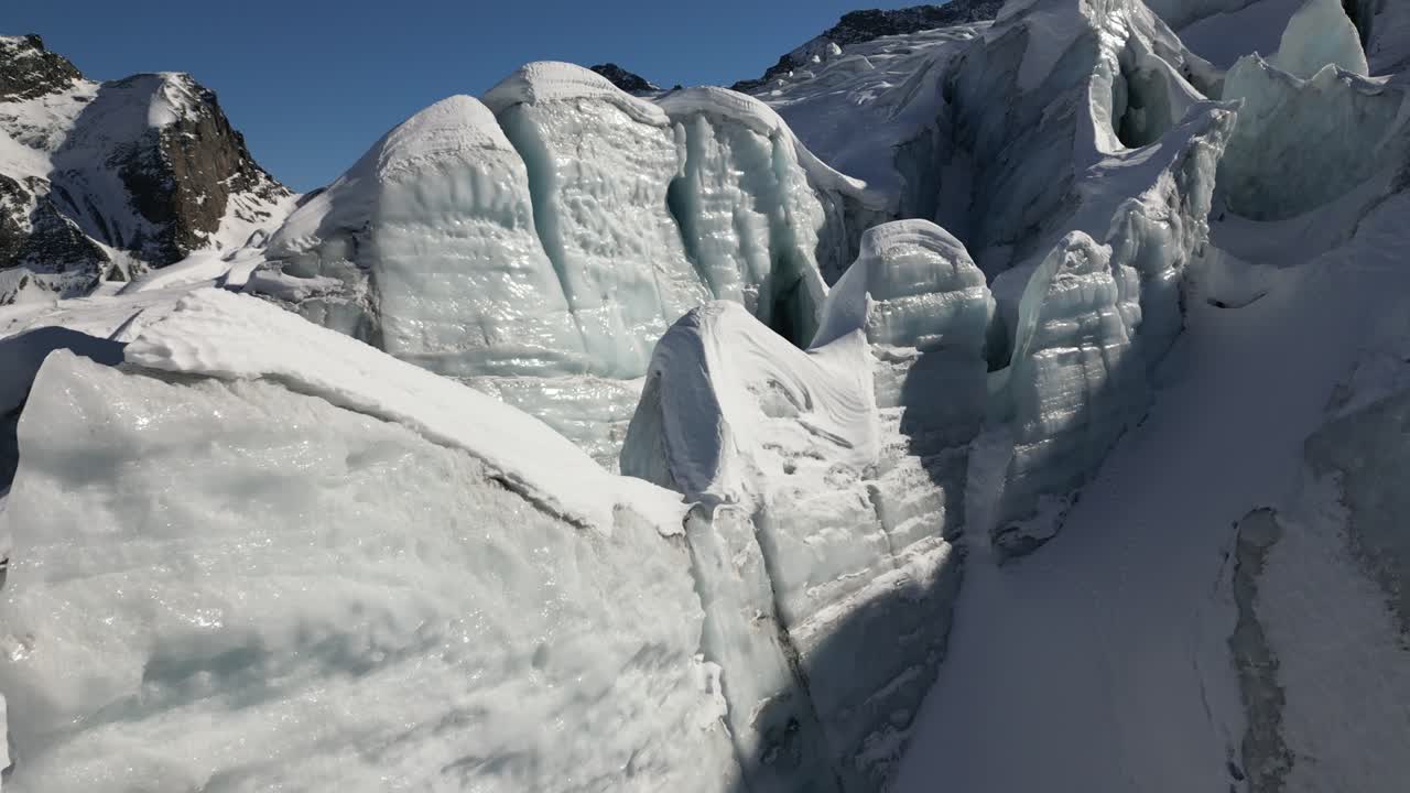 겨울에는 스위스 알프스 빙하의 얼음 봉우리, 맑은 날에는 크레바스와 눈