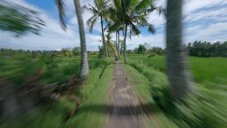 blond woman driving on a motorcycle on a gravel road between palm trees