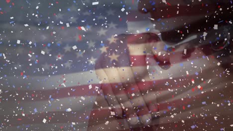 Animation-of-american-flag-and-confetti-over-african-american-woman-at-beach