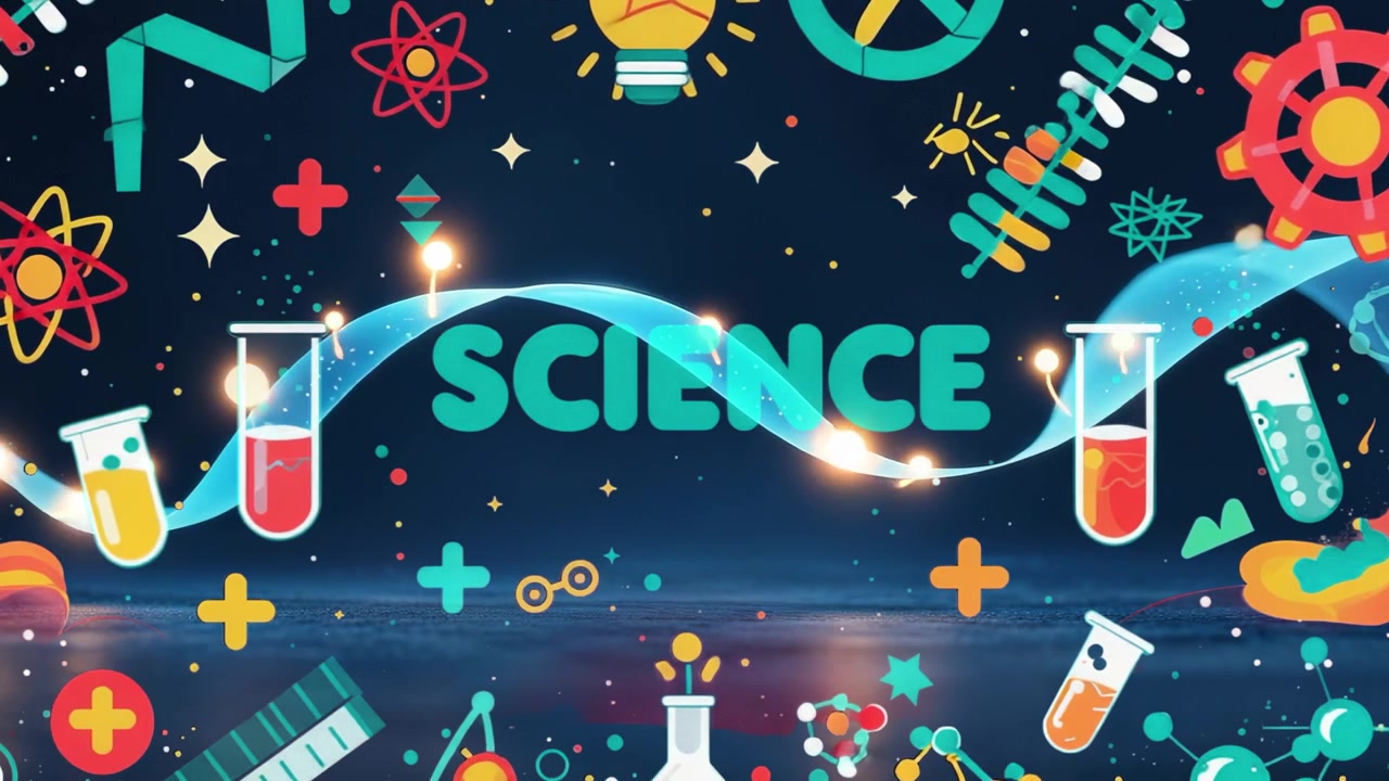 Starting animation showing DNA strand undulating on stage, sparking SCIENCE text, test tubes, icons