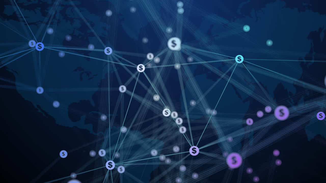 Abstract movement of dollar icons connected by lines on a dark blue world map background. Looped business animation with blurred geometric polygonal elements.