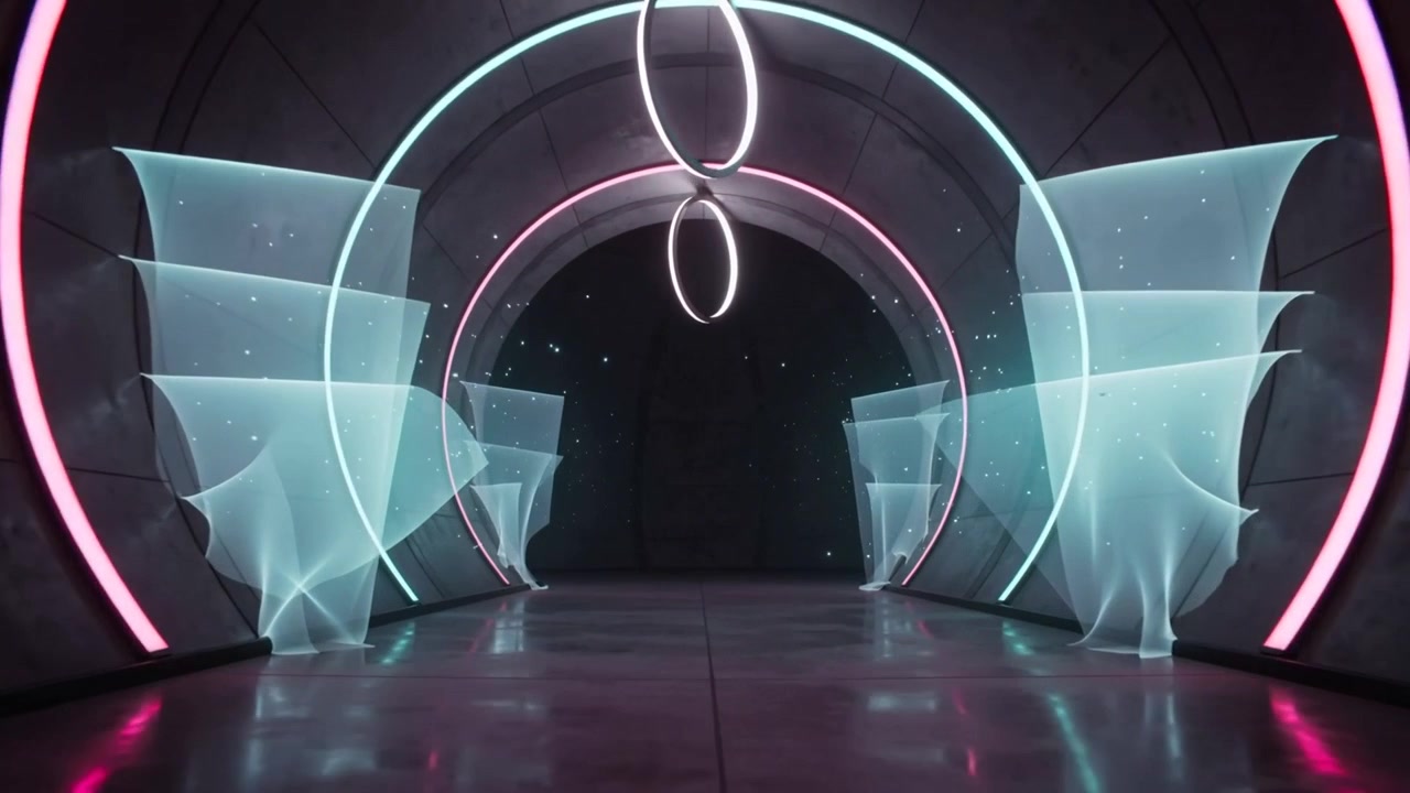 Animazione di pannelli del portale che si aprono in un tunnel futuristico, rivelando anelli ovali al neon e un pavimento lucido