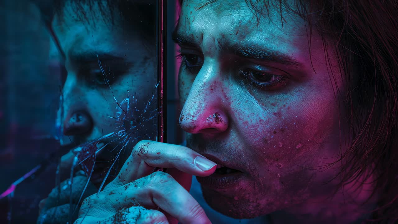 Noticing cracked reflection, man pressing finger to mouth in dim corner, tense under blue light