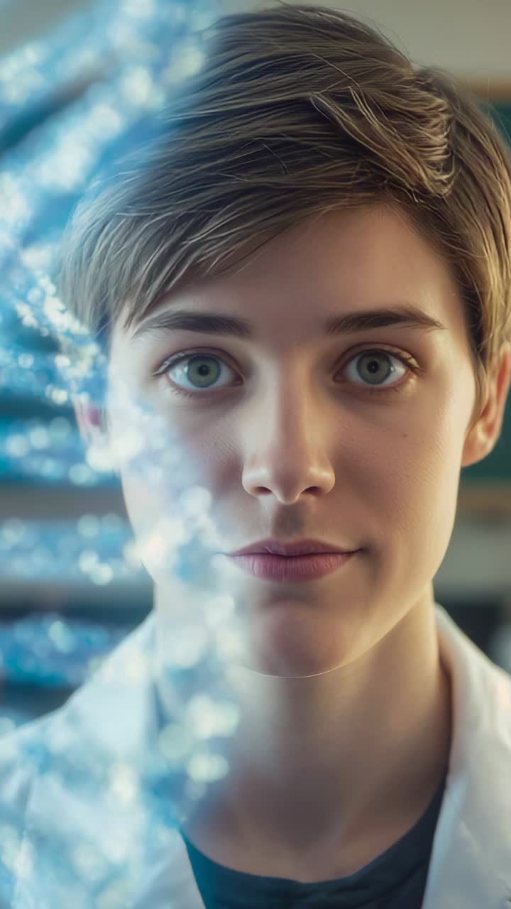 Vertical video: Facing camera teen in lab coat in lab, blinking and studying blue helix appearing
