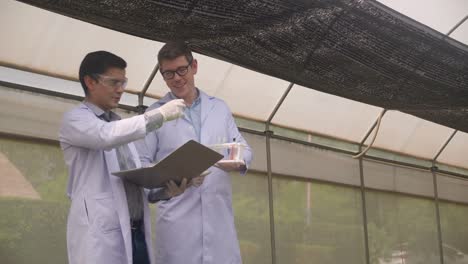 two scientist man research with chemical and laptop computer plant about agriculture in the farm, researcher testing about botany and harvest of produce with biology and science in the gardening.