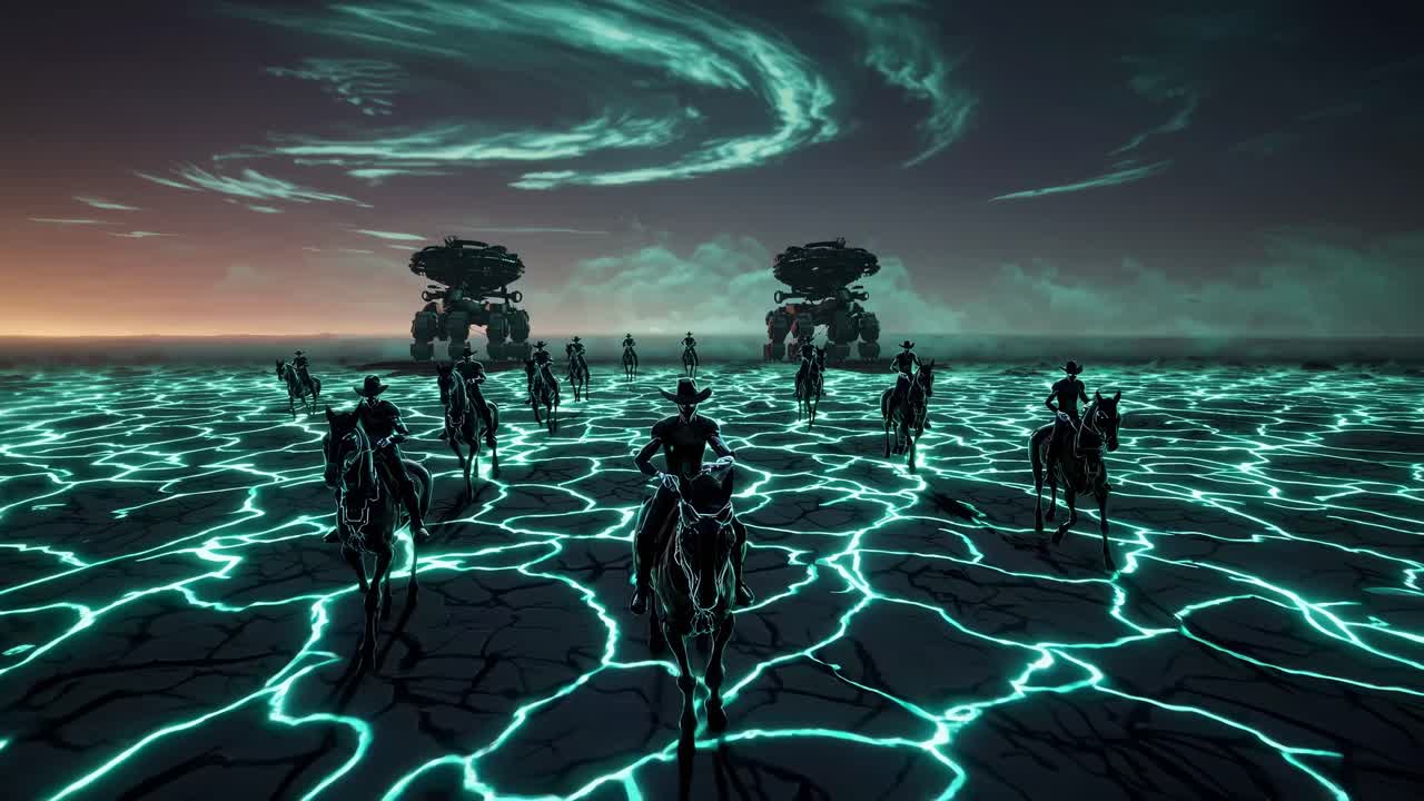 Cowboys vs. Robots in a Desolate Futuristic Landscape