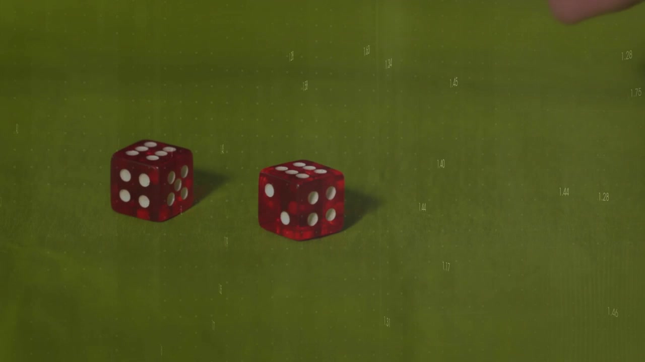 Mano che inclina, rilasciando tre dadi rossi traslucidi mentre i grafici a barre salgono per visualizzare i risultati.