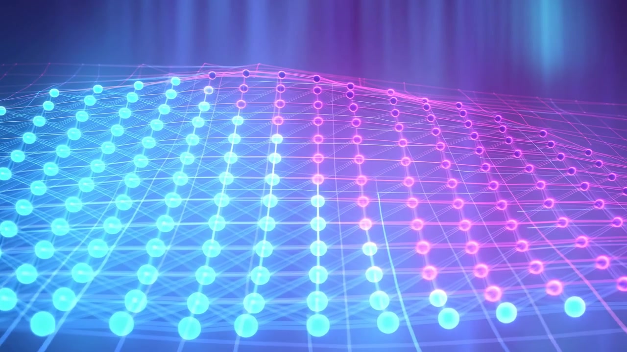 Animated luminous grid plane displays rows of glowing blue and pink points moving through abstract space with smooth transitions, dark backdrop, neon lighting, and wide perspective composition.