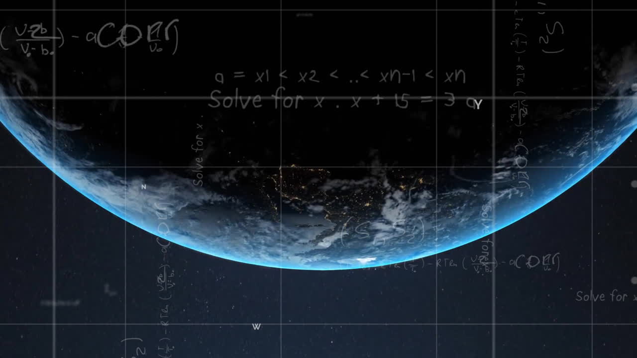 Animation of mathematical data processing over globe on blue background