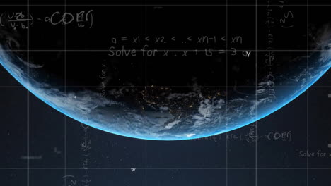 animation of mathematical data processing over globe on blue background