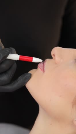 a woman is getting her lips painted by a makeup artist a makeup artist is painting the lips of a woman enhancing her beauty with a delicate touch on her lips