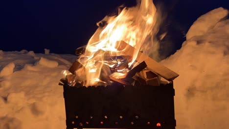 la leña apilada en la parrilla arde bien y brillantemente por la noche.