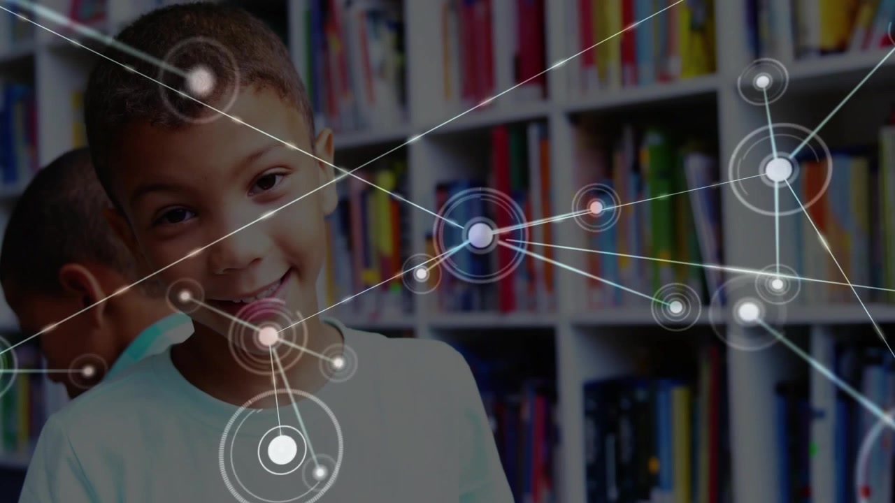 Main boy raising head smiling as HUD overlay appearing across library peer leaning in exploring AR