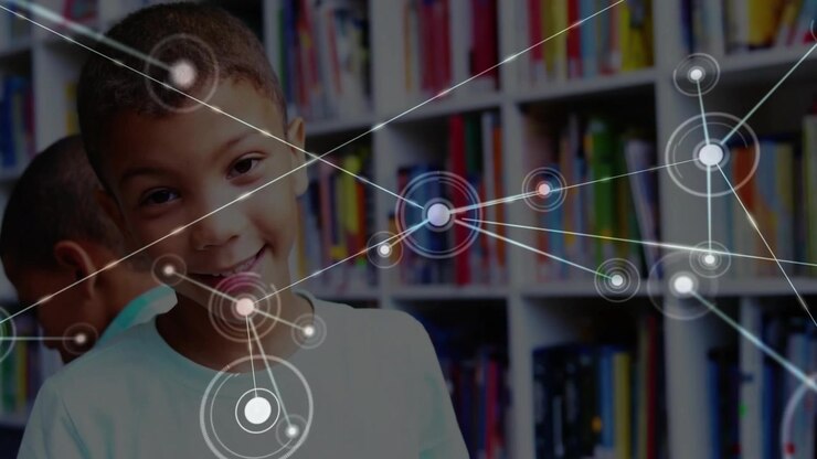 Main boy raising head smiling as HUD overlay appearing across library peer leaning in exploring AR
