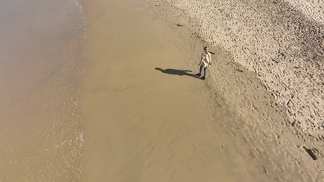 woman walking alone on sandy beach during calm sunny day, solitude