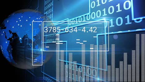 Animation-of-data-processing-binary-coding-over-globe-and-dark-background