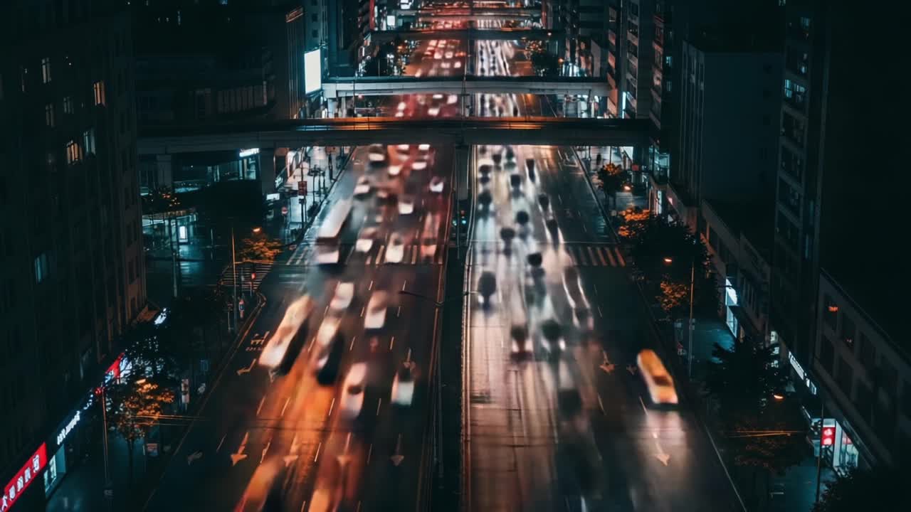 A Breathtaking Aerial View of a Bustling City Street at Night, Capturing the Dynamic Flow of Traffic and Vibrant City Life Underneath Glimmering Laneways